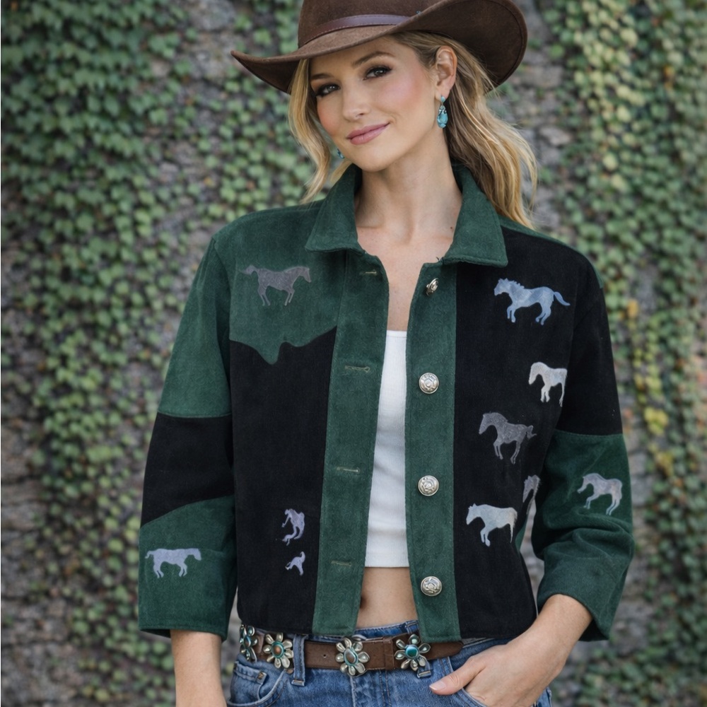 VINTAGE THISTLES WEST Black and Green Suede Snap Front Southwest Jacket, L
